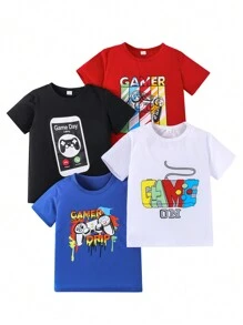 4pcs/Set Tween Boys' Summer Game Controller Print Short Sleeve T-Shirt Set - Multicolor - View 1