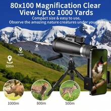 80X100 HD Monocular Telescope High Powered With Smartphone Adapter &Tripod, BAK4 Prism Monocular For Wildlife Travel Camping - màu đen - Xem 2