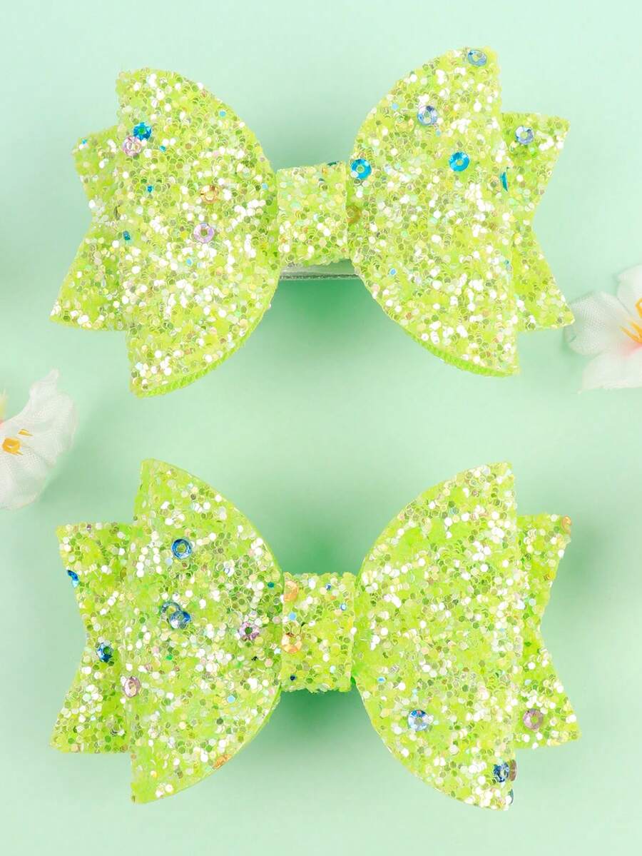 2pcs Green Glitter Bow Hair Clip For Kids, Hair Accessories - Green - View 1