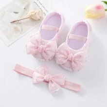 0-18 Meses Conjunto de Sapatos e Meias de Sola Macia com Faixa Tiara de Princesa com Laço de Strass, Acessórios de Cabelo para Festa de Aniversário de Bebê, Para Natal - Branco - Visão 5