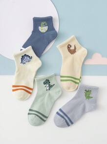 5 Pairs Of Cute Dinosaur Crocodile Fashionable And Versatile Daily Mid-Calf Socks For Boy And Girl