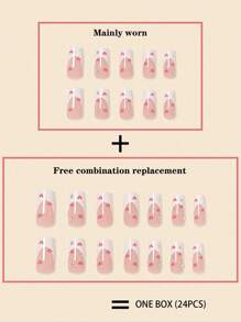 24粒假指甲片，中長款白色法式美甲片，帶有鑽石紅色愛心指甲+24粒果凍膠+摩擦條壓縮指甲，美甲用品 - 紅色 - 查看 3