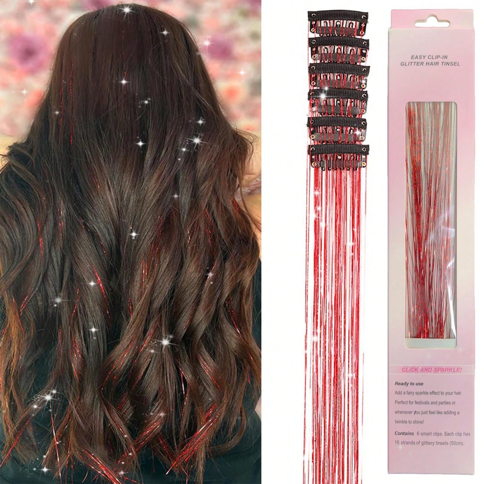 6 Pcs Clip In Hair Tinsel Kit Glitter Fairy Tinsel Hair Extensions 20