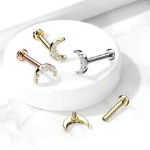 1PC CZ Paved Crescent Moon Top On Internally Threaded 316 Stainless Steel Flat Back Studs For Earring, Labret, Monroe, Cartilage And More