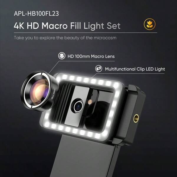 APEXEL 100mm Macro Lens With Light For Smartphone,HD Macro Photography