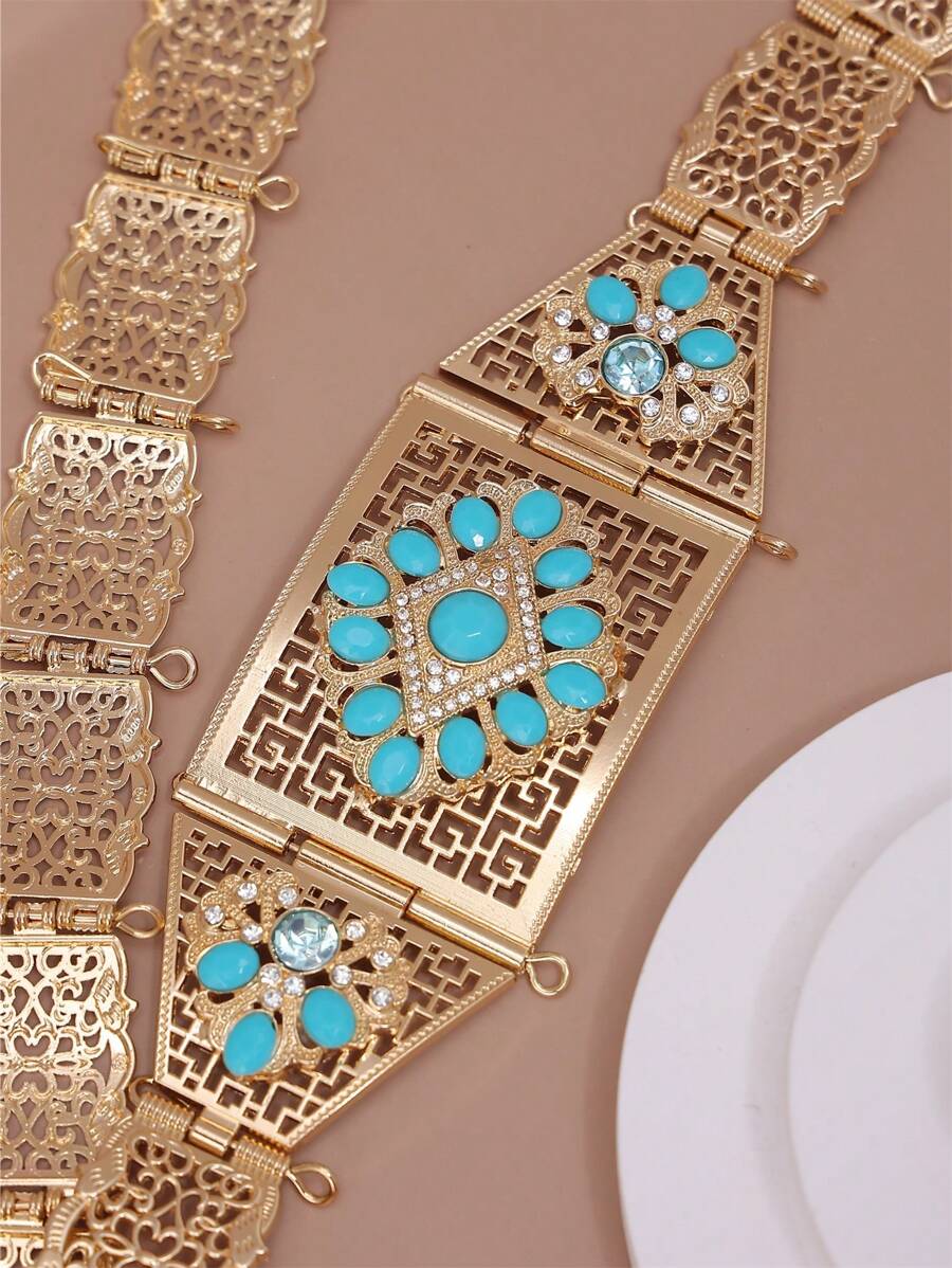 1條方扣形不規則腰帶,彩色鑲嵌鑽石金屬肚子鏈摩洛哥風格身體首飾,適合女性和兒童 - 藍色 - 查看 1