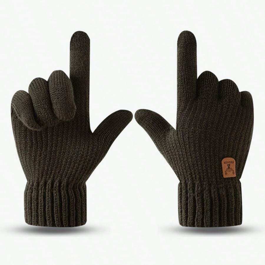 男女通用冬季針織暖襯手套，防滑觸屏全指手套，適用於騎行、跑步、駕車、徒步、發短信、滑雪和日常活動 - 軍綠色 - 查看 1