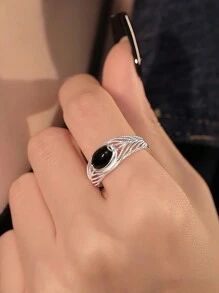 1pc S925 Sterling Silver Advanced Black Agate Ring With Hollow Out Feather Design For Women