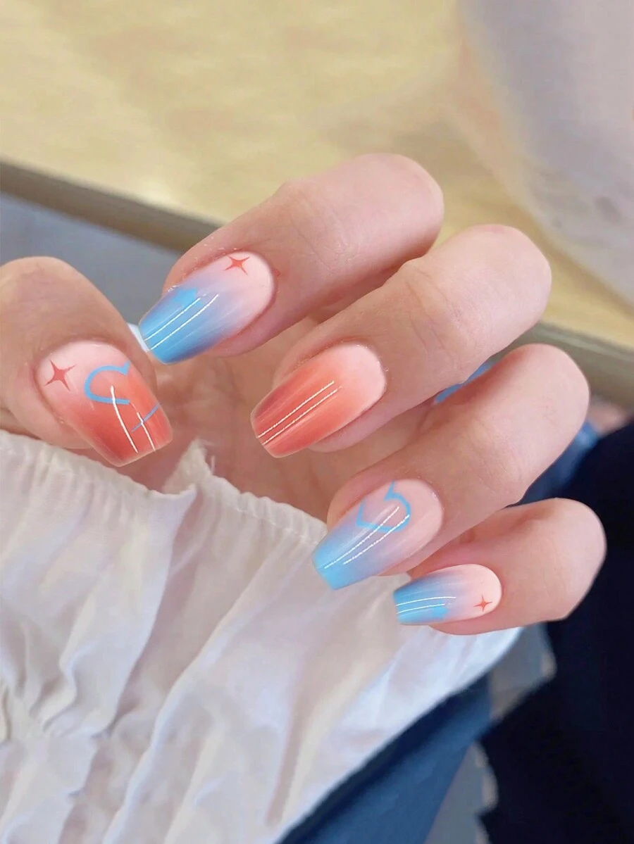 24pcs/Pack Detachable Gradient Blue Heart Shaped Nail Sticker With Free Colorful Beads - Multicolor - View 1