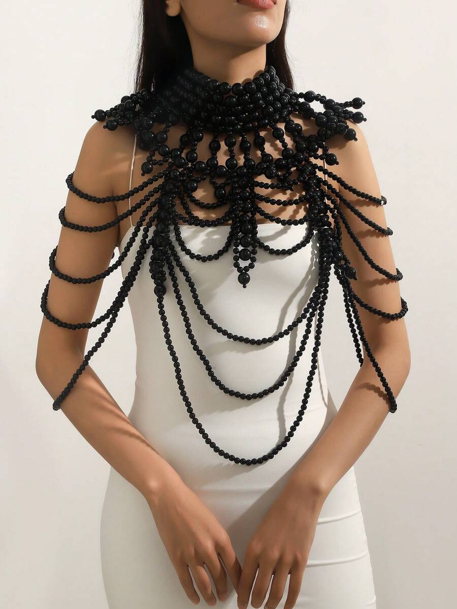 1條手工製作的白色人造珍珠身鏈,適用於女性婚禮、派對、時裝展 - 黑色 - 查看 1