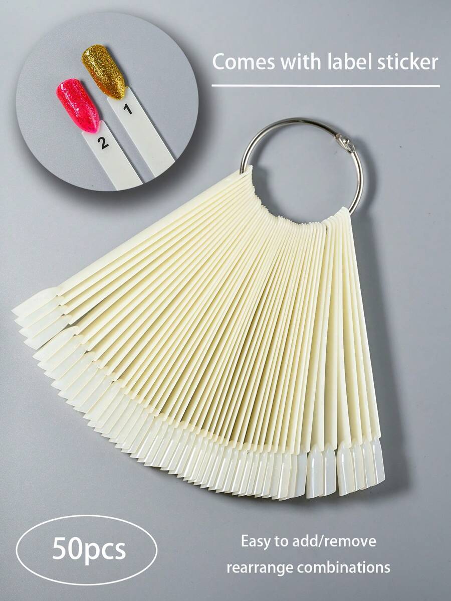 50入組指甲藝術練習指甲,帶有鐵圈和扇形造型,可用於展示指甲藝術和彩色圖表,附帶顏色代碼標籤 - 杏色 - 查看 1