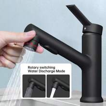 1入組帶拉出式噴嘴的水槽龍頭單孔單把手盆龍頭,一鍵切換三種水嘴模式,洗臉洗更方便,防爆、防鏽,可拉出式水槽瀑布旋轉噴嘴,寬大的沖洗噴嘴部件（黑銹色、無花紋） - 黑色 - 查看 2