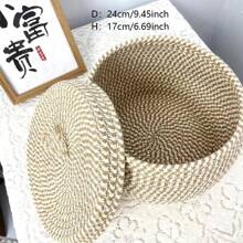 Cesta de almacenamiento de escritorio tejida de 24 cm de diámetro con tapa, cesta para huevos, organizador de maquillaje, aperitivos y artículos varios