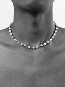 1pc Fashionable Punk Style Simple Water Droplet Rhinestone & Faux Pearl Necklace For Men, Daily Wear, Gift For Friends/Festivals