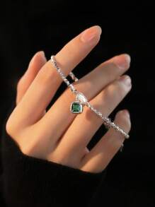 1入組時尚S925純銀綠色和仿珍珠手鍊，法式復古風格手飾，適合日常佩戴