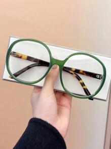 1pc Women's Oversized Green Leopard Print Ellipse Fashionable Clear Glasses Frame, Y2k Festival Costume Accessory - Multicolor - View 1