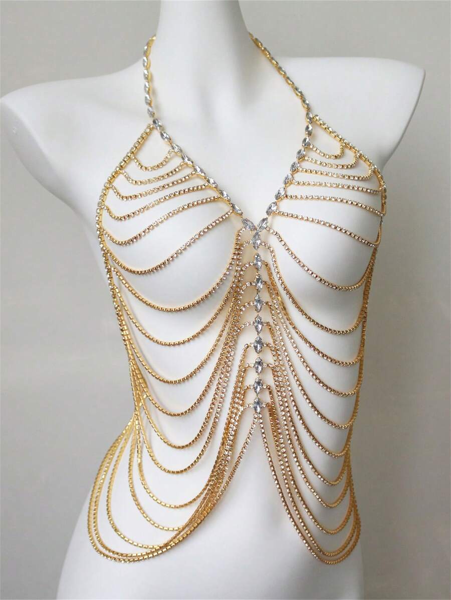 1入組女性鑲有鑽石的身體鏈,性感哥德式朋克夜店比基尼胸部鏈 - 金色 - 查看 1