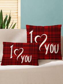1入浪漫美麗的紅色格子白色字母剪裁手繪愛心情人節印花麻布坐墊套,適用於日常家居裝飾和節慶氛圍或替換枕套 - 彩色 - 查看 1