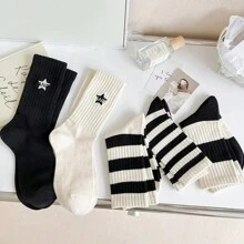 YiPinOu 5 Pairs Of Women's Black And White Striped Socks Set Minimalist Style Embroidered Pentagram Women's Sports Socks, Fall - Multicolor - View 2