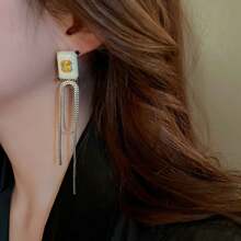 1pair 925 Silver Needle Square Shape Tassel Dangle Earrings With Zirconia, Personalized & Chic Design Luxury Ear Jewelry, Ideal For Women'S Everyday Wear And Holiday Gift - Silver - View 9