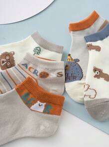 5 Pairs Of Cute Alphabet Bear Striped Tree Fashion And Versatile Daily Socks For Boy And Girl