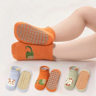 3 Pairs Of Infant And Toddler Cartoon Non-Slip Floor Socks, Three-Dimensional Ear Trampoline Socks For Boys, Cute Toddler Socks For Children