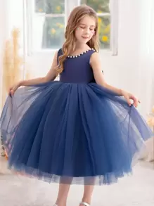 Vestido de princesa azul marino con decoración de perlas y lazo en la espalda con escote profundo en V para fiesta de Navidad, adecuado para fiesta de cumpleaños de niña, banquete, ocasión formal, boda, niña de las flores, actuación en el escenario - azul real - Ver 5