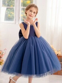 Vestido de princesa azul marino con decoración de perlas y lazo en la espalda con escote profundo en V para fiesta de Navidad, adecuado para fiesta de cumpleaños de niña, banquete, ocasión formal, boda, niña de las flores, actuación en el escenario - azul real - Ver 6