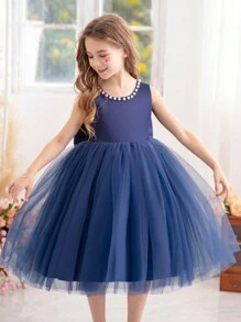 Vestido de princesa azul marino con decoración de perlas y lazo en la espalda con escote profundo en V para fiesta de Navidad, adecuado para fiesta de cumpleaños de niña, banquete, ocasión formal, boda, niña de las flores, actuación en el escenario - azul real - Ver 4