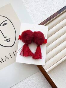 2pcs Girl'S Lovely Wine Red Cloth Hair Clips With Tassel Decoration, Suitable For Daily Use - Burgundy - View 5