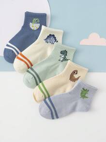 5 Pairs Of Cute Dinosaur Crocodile Fashionable And Versatile Daily Mid-Calf Socks For Boy And Girl