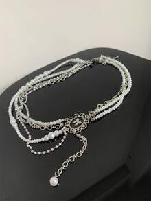 法式皇宮風格多層珍珠疊加項鍊女款，高端設計，個性化珠釘蝴蝶鎖骨鏈，優雅毛衣鏈 - 銀色 - 查看 8