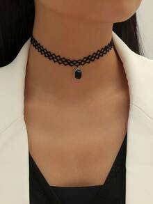 1 件全新歐美風格蕾絲網狀方形吊墜項鍊女式短鏈 - 查看 4