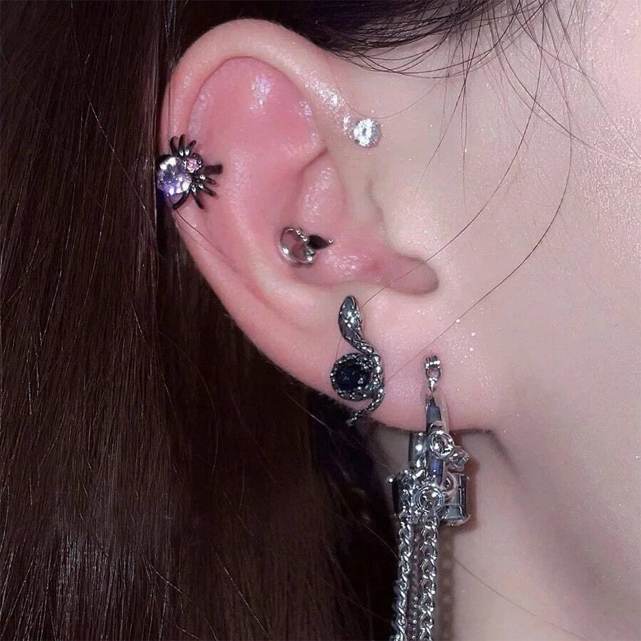 Fashionable Vintage Gothic-Style Red Heart Snake Devil Cross & Rhinestone Decor Stainless Steel Stud Earrings, Sweet And Cool Jewelry Punk Accessories For Women - Multicolor - View 1