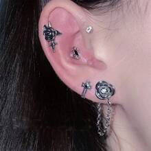 Fashionable Vintage Gothic-Style Red Heart Snake Devil Cross & Rhinestone Decor Stainless Steel Stud Earrings, Sweet And Cool Jewelry Punk Accessories For Women - Multicolor - View 2