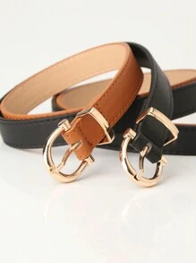 1pc Women's Fashionable Decorative Thin Waist Belt With Classic Shiny Metal Curved Buckle, Suitable For Matching Jeans & Dresses, Ideal Gift For Girlfriend Or Mother - Brown - View 1