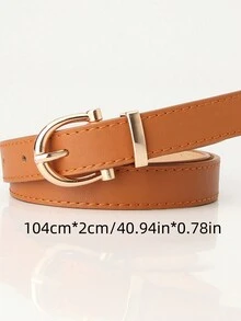 1pc Women's Fashionable Decorative Thin Waist Belt With Classic Shiny Metal Curved Buckle, Suitable For Matching Jeans & Dresses, Ideal Gift For Girlfriend Or Mother - Brown - View 2