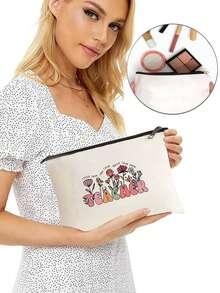 老師花印花妝容袋,輕便折疊收納袋,簡約購物袋,老師禮物收納袋,女孩禮物,可愛的簡約時尚字母圖案印花收納袋,海灘收納袋,旅行化妝袋,小物品收納妝容袋,護士,醫生,老師感恩收納袋,適合個人旅行化妝品收納 - 米色 - 查看 5