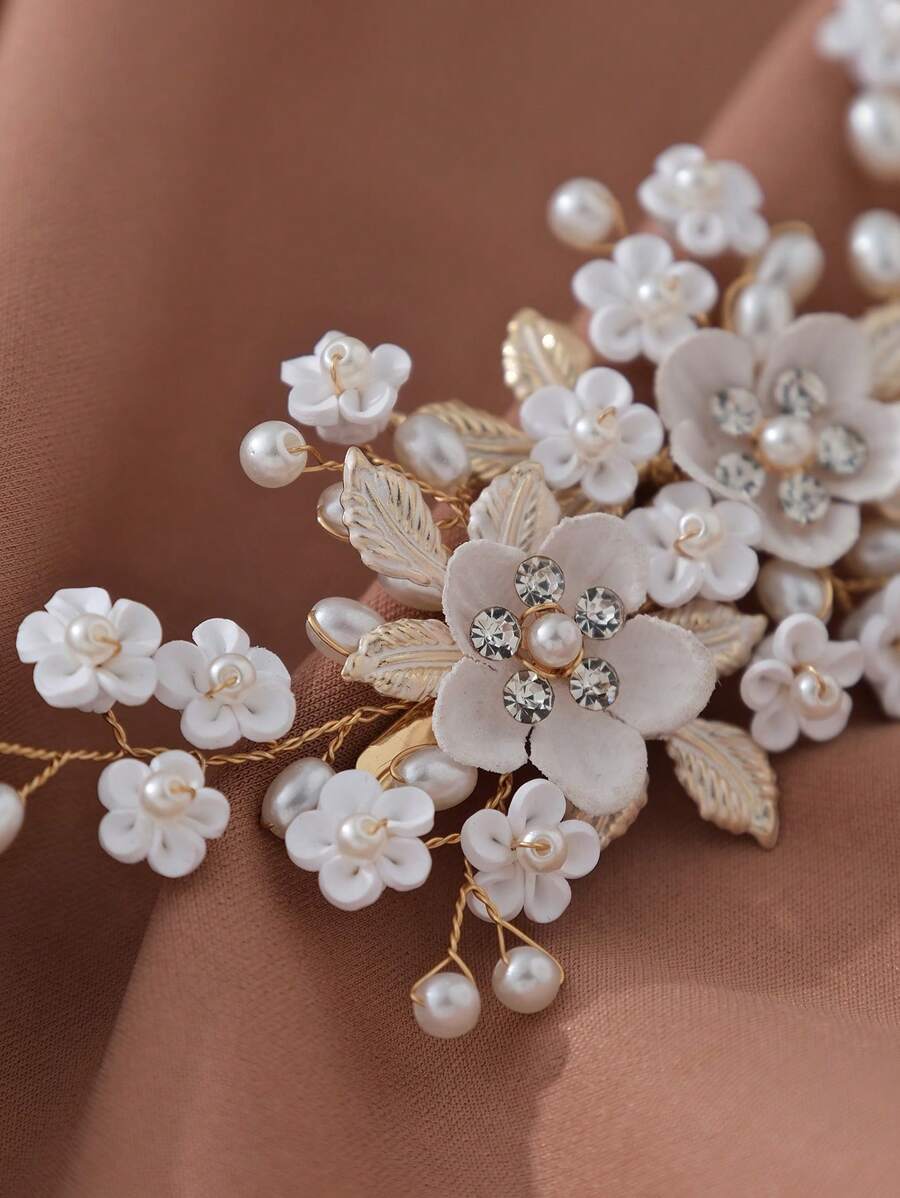 1件装仿珍珠花朵装饰手工扭边发夹，女士优雅头饰，情人节配饰，婚礼发饰，夏季，海滩风情