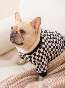 1件法國鬥牛犬寵物服裝,格紋設計中大型犬狗專用連帽衫,舒適雙腿連體衣 - 黑與白 - 查看 3