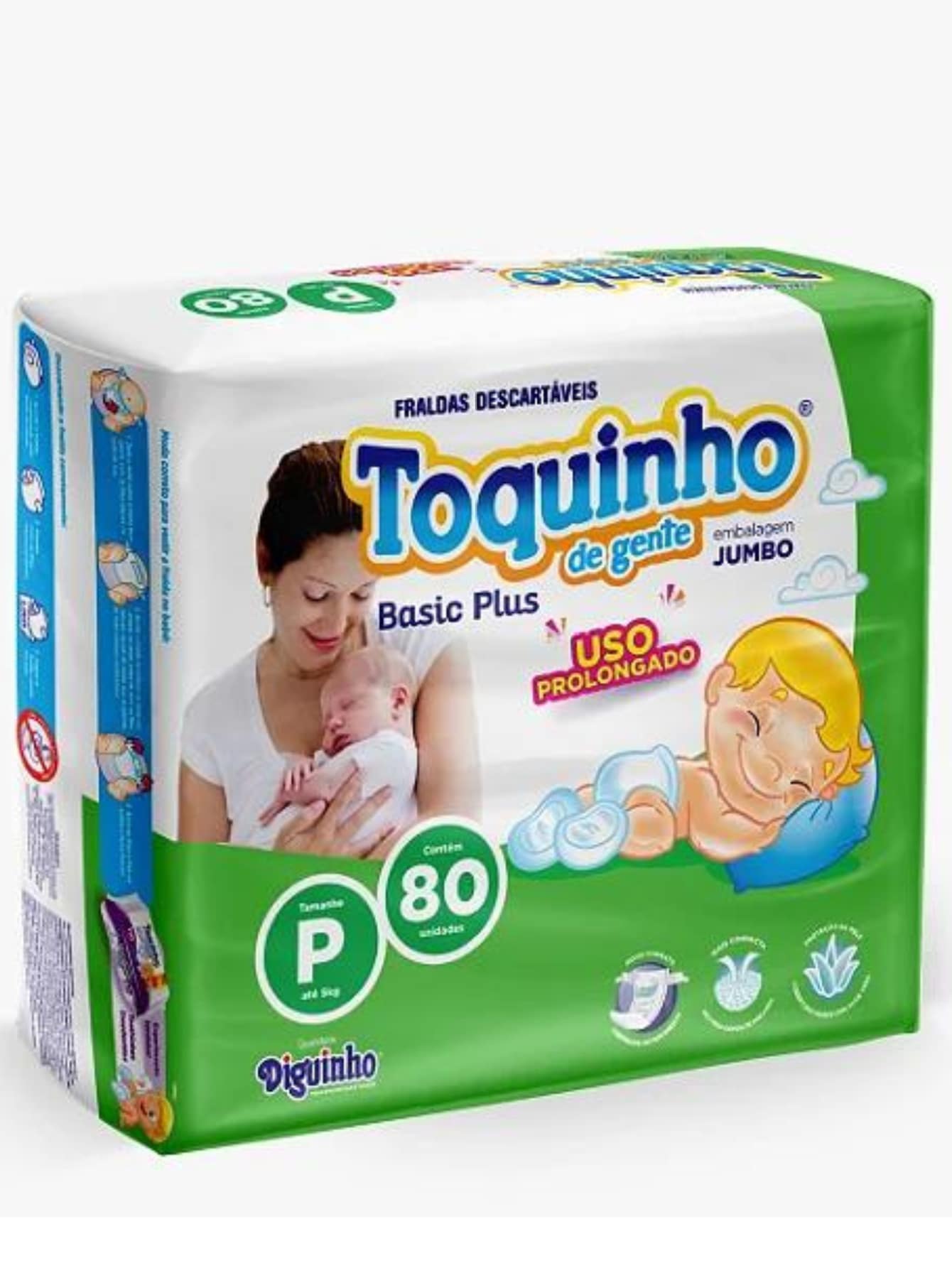 Fralda Infantil Toquinho de Gente Basic Plus (Tamanho P) – Pacote Jumbo com 80 Unidades - Branco - Visão 1