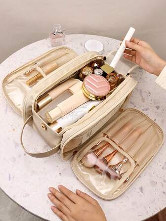 Sac à maquillage beige imperméable en PU multifonction, grande capacité à double couche, sac de voyage portable pour cosmétiques, sac de rangement pour articles de toilette avec poignée pour femme, avec séparateurs, sac de rangement pour pinceaux maquillage, sac de toilette pour hommes, sac de maquillage, organisateur de maquillage, fournitures scolaires
