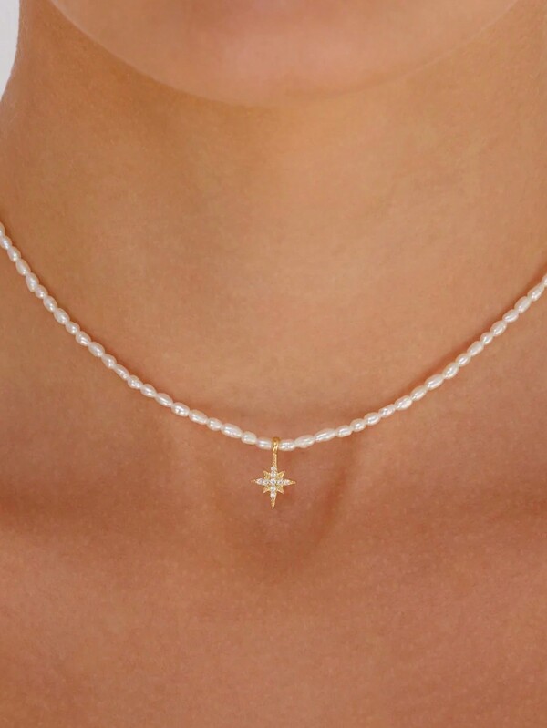 1pc Shell Faux Pearl Chain Octagonal Star S925 Sterling Sliver Necklace Women Summer Decoration Fine Necklace Holiday