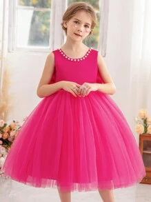 Đầm công chúa dự tiệc Giáng sinh khoét lưng khoét sâu chữ V đính ngọc trai màu hồng cánh sen cho bé gái, thích hợp cho tiệc sinh nhật, tiệc chiêu đãi, dịp trang trọng, đám cưới, phù dâu, biểu diễn sân khấu - Màu Hồng Tươi - Xem 6