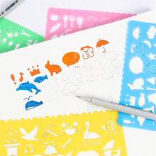 1 Set Of 4 Colors Plastic Drawing Ruler, Creative Multifunctional Drawing Hollow Out Drawing Board Tool Cartoon Animal Pattern Kaleidoscope Art Kit Children Flower Pressing Toy, Random Color Delivery - Pink - View 2