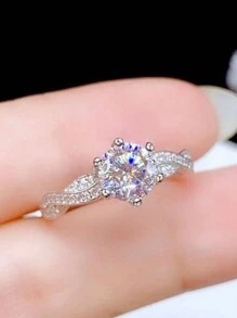 Luxury S925 Sterling Silver Six-Prong Setting Four-Prong Inlay Ring For Ladies - Silver - View 3