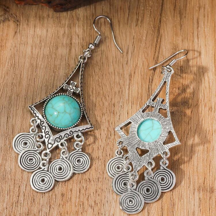 2 piezas Conjunto de aretes de mujer plateados, joyas de aleación de zinc con estilo bohemio vintage con turquesa y borlas, para uso diario o casual, regalo del Día de San Valentín, Día de la Madre y decoración personalizada para fiestas - azul claro 08 - Ver 12