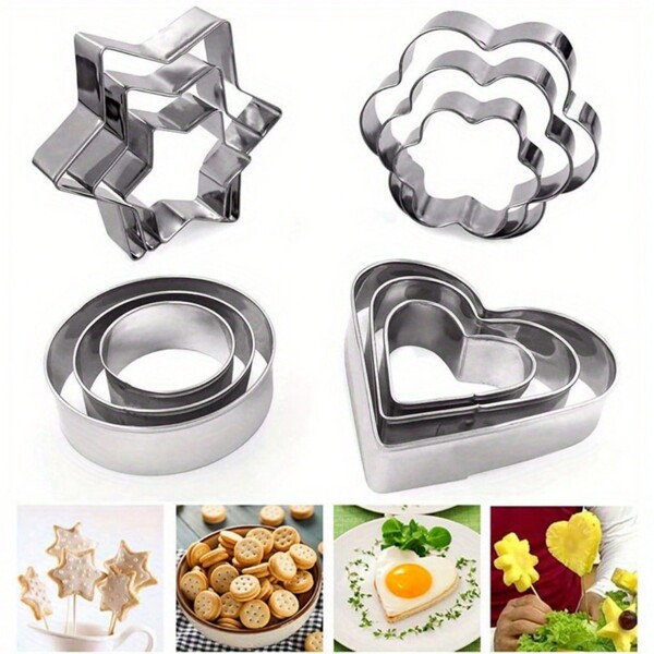 1set/12pcs Stainless Steel Cookie Cutter Set With Heart, Flower, Star And Circle Shape For Diy Baking