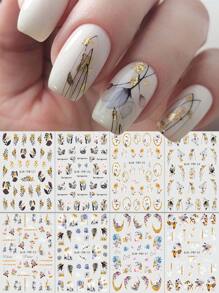 8 piezas de pegatinas de uñas con flores primaverales, plantas y mariposas; pegatinas de arte de uñas con flores y plantas brillantes y estampados 3D florales y vegetales autoadhesivos, aptos para uñas acrílicas, suministros de meniscomio para mujeres y niñas, regalos para días festivos - Multicolor - Ver 1