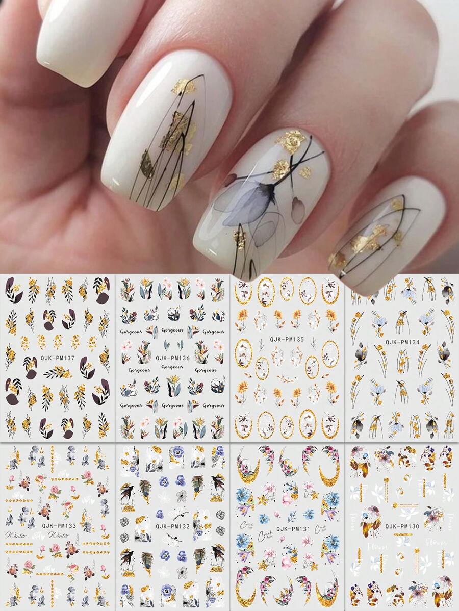 8 piezas de pegatinas de uñas con flores primaverales, plantas y mariposas; pegatinas de arte de uñas con flores y plantas brillantes y estampados 3D florales y vegetales autoadhesivos, aptos para uñas acrílicas, suministros de meniscomio para mujeres y niñas, regalos para días festivos - Multicolor - Ver 1